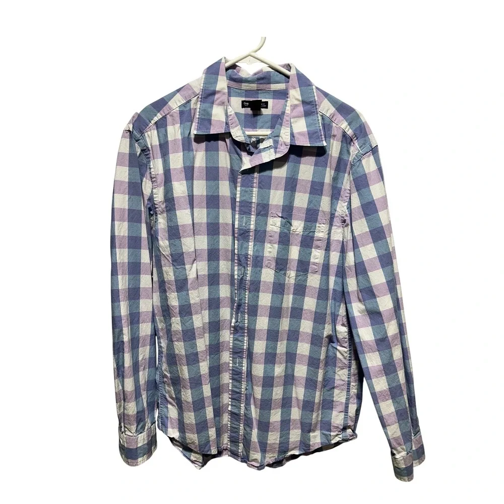 Gap Mens Classic Fit Long Sleeve Button Down Plaid Shirt Purple Blue - Picture 1 of 5